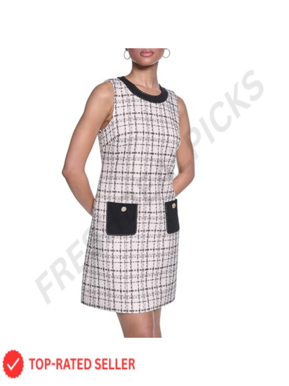 Sleeveless Crew Neck Tweed Contrast Stitching Shift Dress
